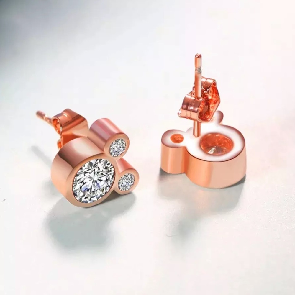 Gold Plated MINI MICKEY CRYSTAL ROSE GOLD CZ Diamond Stud Earrings With Gift Box